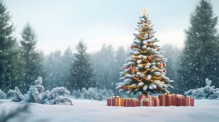 Obraz premium Snow Covered Christmas Tree With Gifts Underneath