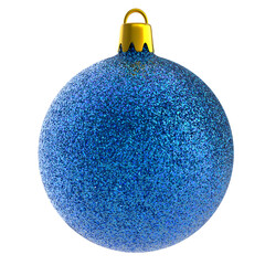 Christmas ball blue glitter. Sphere christmas ball traditional realistic design element with blue metal glitter, shiny and sparkly isolated in white background. 3D render Xmas bauble mockup