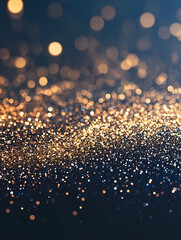 Naklejka premium Photograph of gold and blue glitter on a dark background, with a bokeh effect