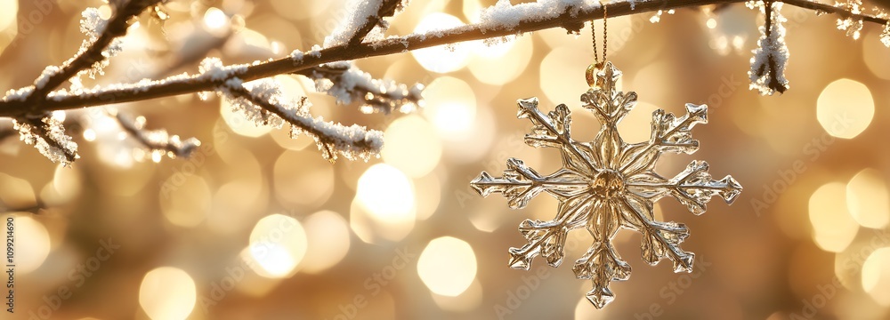 Poster a close-up of a beautiful snowflake ornament hanging from a tree branch, with a soft golden bokeh ba