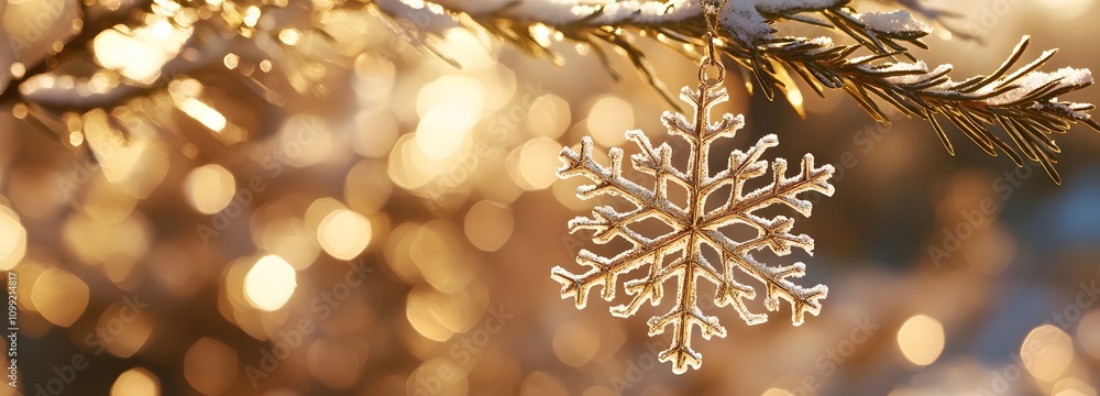 Poster a close-up of a beautiful snowflake ornament hanging from a tree branch, with a soft golden bokeh ba