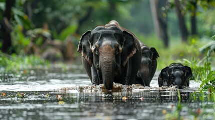Fototapeta premium A Graceful Elephant Family Navigating Through Flooded Wilderness Amidst Lush Greenery and Calm