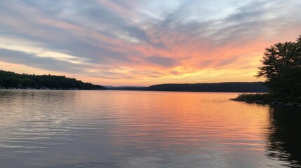 Majestic Sunset: Vibrant Skyscape Over Calm Lake at Dusk | Nature's Beauty in Shades of Orange, Pink, and Purple