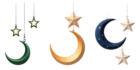 Obraz premium Colorful crescent moons and stars hang together, showcasing a whimsical celestial theme.