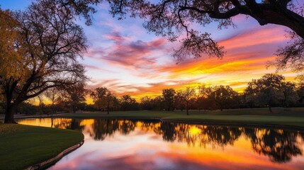 Obraz premium Fiery Sunset Skyscape Reflection in Calm Lake with Silhouetted Trees, Serene Beauty in Nature Ultra-Detailed Photo