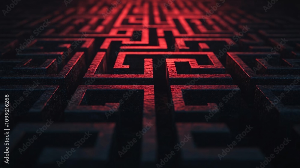 Poster intricate maze pattern illuminated with red light, creating a mysterious and hypnotic visual effect.