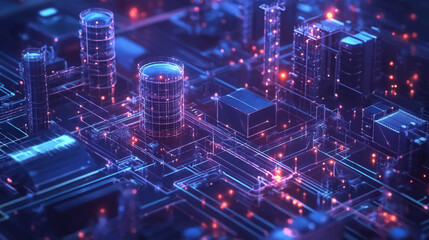 The Internet of Things IoT in manufacturing. Integration of connected devices to optimize production, maintenance, inventory and factory operations in new era of Industry 4.0 isometric digital network
