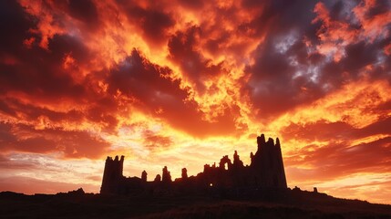 Obraz premium Enchanting Sunset Silhouette: Ancient Castle in Fiery Sky - Captivating Historic Landscape with Dramatic Clouds in Red and Gold - Ultra-Detailed Image of Mystical History