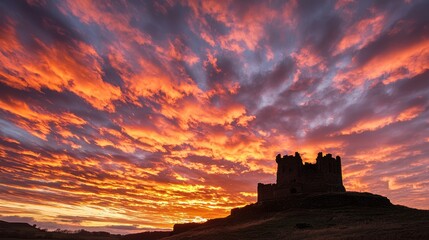 Obraz premium Mystical Sunset Behind Ancient Castle: A Dramatic Skyscape of Red and Gold Illuminated Clouds
