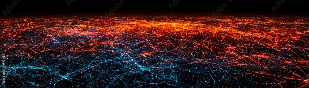 Poster vivid representation of a digital landscape showcasing interconnected lines and vibrant colors in a 