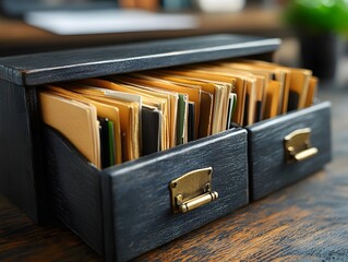 A vintage wooden file drawer filled with neatly organized file cards, showcasing a classic office...