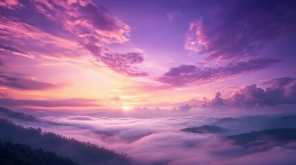 Obraz premium Ethereal Dawn: Surreal Skyscape of Vibrant Colors Breaking Over Foggy Valley at Sunrise