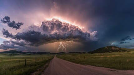 Fototapeta premium Electrifying Summer Storm: Majestic Skyscape with Towering Thunderclouds and Lightning Flashes | Ideal for Nature-Themed Visuals