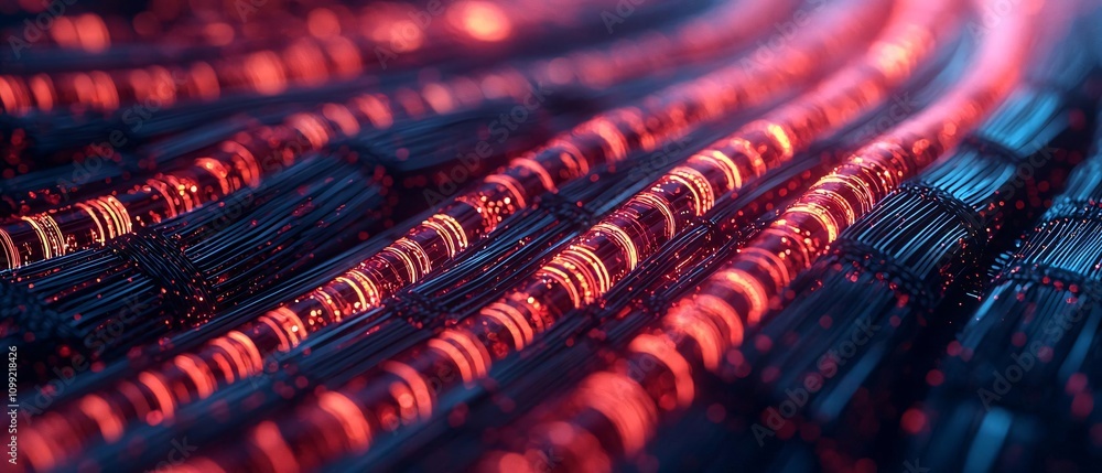 Poster abstract close-up image showcasing vibrant lines with red and blue colors, representing data flow or