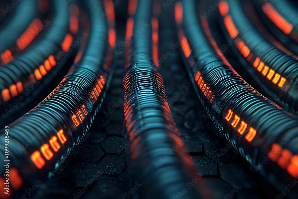 Poster abstract close-up of illuminated cables creating a futuristic digital atmosphere with vibrant colors