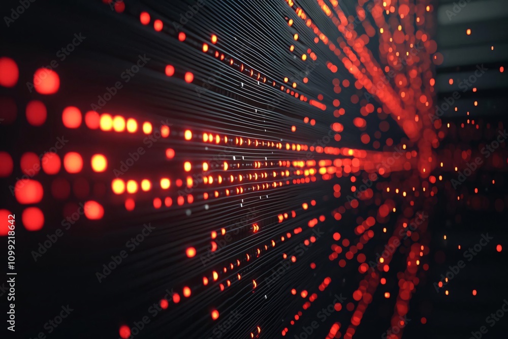 Poster abstract representation of data streams with red dots on a black background showcasing digital conne