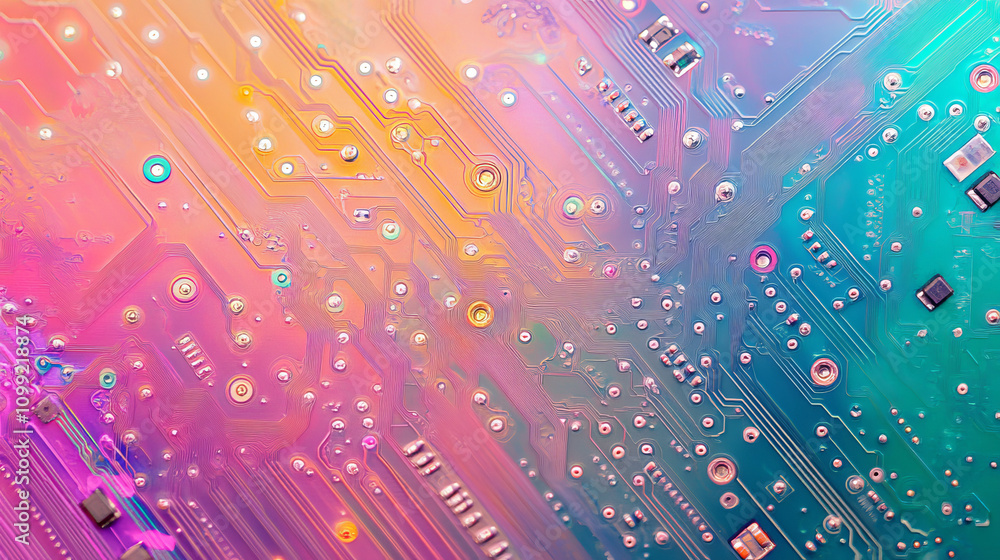 Poster a colorful computer background showing a circuit board. it's a digital art design.