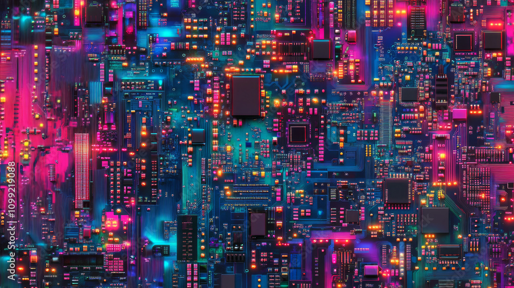 Poster a colorful computer background showing a circuit board. it's a digital art design.