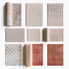 Fototapeta premium 2409_058.An assortment of whole, area rugs,isolate, perfect top-down view, showcasing diverse varieties, arranged with space around each area rugs, no sides visible, plan presentation,3d rendering