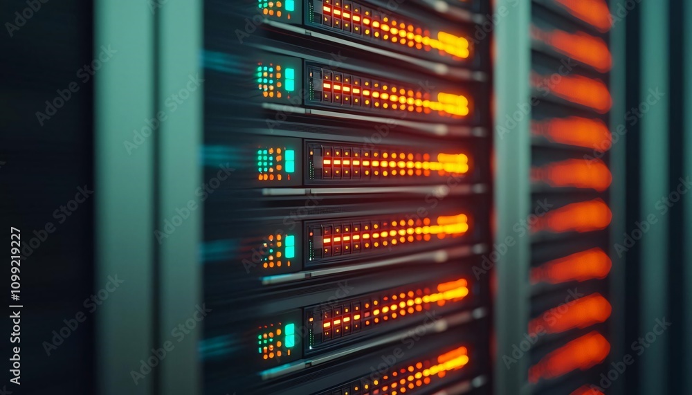 Poster close-up of illuminated server racks showcasing data center technology with vibrant lights and moder