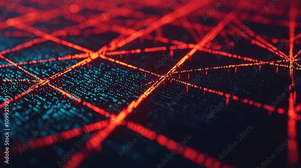 Poster close-up view of intricate circuit patterns illuminated in red and blue, showcasing modern technolog