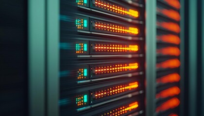 Naklejka premium Close-up of illuminated server racks showcasing data center technology with vibrant lights and modern design.