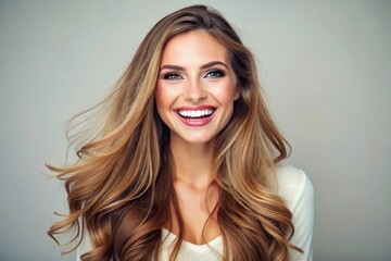 Naklejka premium A woman with long blonde hair is smiling and laughing