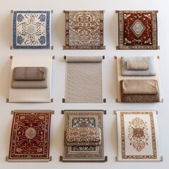 2409_066.An assortment of whole, tapestries,isolate, perfect top-down view, showcasing diverse varieties, arranged with space around each tapestries, no sides visible, plan presentation,3d rendering