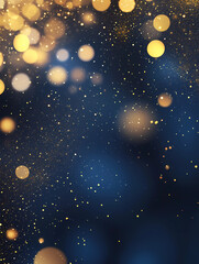 Obraz premium Dark blue background with golden glittering particles and bokeh lights. Abstract illustration of the night sky with stars
