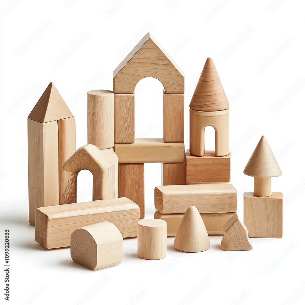 Poster a collection of wooden building blocks arranged in various shapes for creative play.