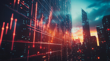 Obraz premium Smart digital Innovation city with connection network reciprocity over the sunset cityscape. of future wireless digital city and social media networking systems that connects people with in city
