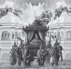 Black and white mughal mural plant wallpaper Rajasthan, Traditional Mughal garden vector mural plant wallpaper Rajasthan © Nayan