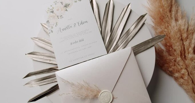 An elegant wedding invitation card with an envelope featuring floral designs, placed on a stylish white and beige background. Perfect for wedding announcement themes. Elegant Wedding Invitation