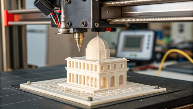 3D printing technology is showcased with detailed model of building being printed. intricate design features dome and classical architecture, highlighting innovation in manufacturing - Powered by Adobe