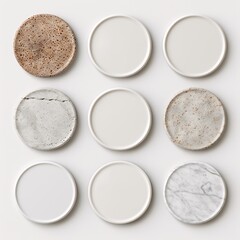 2409_092.An assortment of whole, ceramic coasters,isolate, perfect top-down view, showcasing diverse varieties, arranged with space around each ceramic coasters, no sides visible, plan