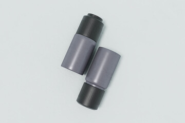 Silver double spray paint metal cans isolated on white top angle for mockup design V1