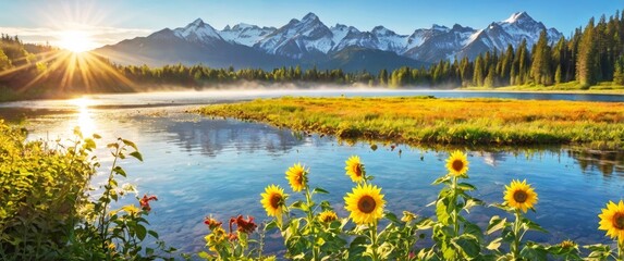 Fototapeta premium A stunning vista of the Grand Teton mountains, with a river cutting through the foreground, creating a sense of depth and perspective, Grand Teton