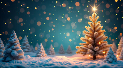 A charming illuminated Christmas tree, with a burning star on top, stands in a snow-covered landscape with bokeh lights and falling snow.