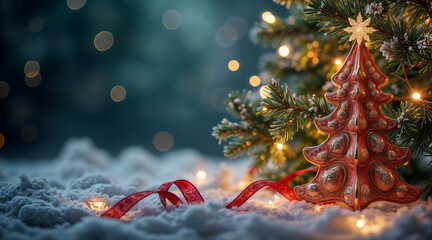A rustic Christmas ornament stands next to a Christmas tree in the snow, illuminated by fairy lights, against a bokeh background.
