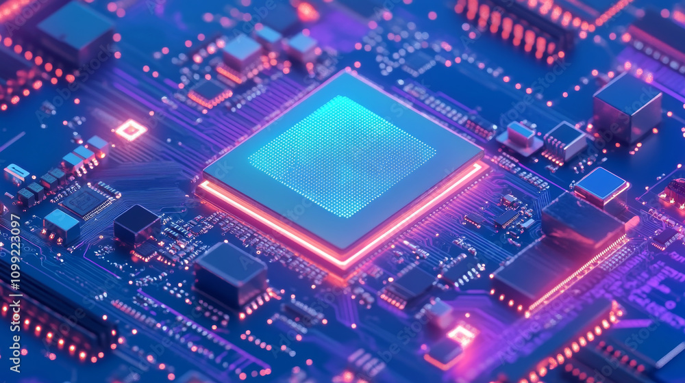 Poster a blue background shows a futuristic computer circuit board. it's a digital image of a tech motherbo