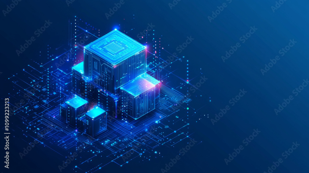 Poster a blue, 3d background showing a computer circuit board. it features an ai chip, electronic parts, an