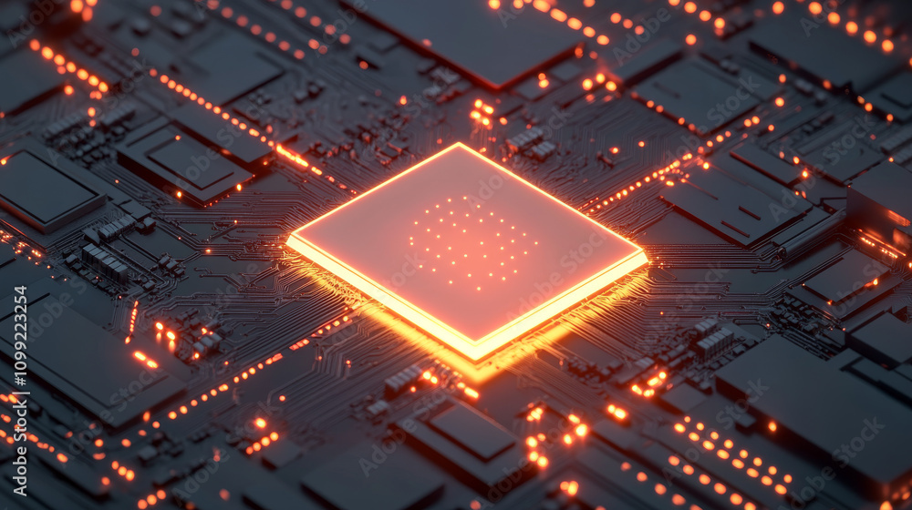 Poster a futuristic 3d image shows an ai chip glowing on a circuit board. the design uses bright neon lines