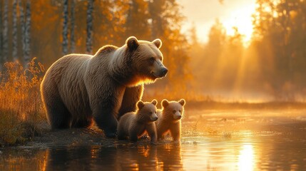 A Bear Family walking in the land.