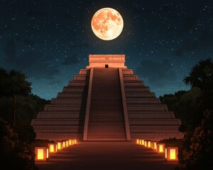 Mayan Pyramid Night Scene Full Moon Ancient Architecture Jungle Lanterns