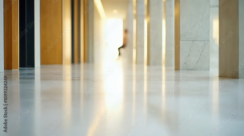 Poster bright and modern hallway with soft lighting and reflections, creating a calm and inviting atmospher