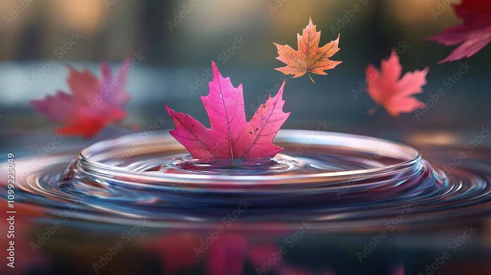 Poster vibrant red and orange maple leaves falling into tranquil water, creating circular ripples in a sere