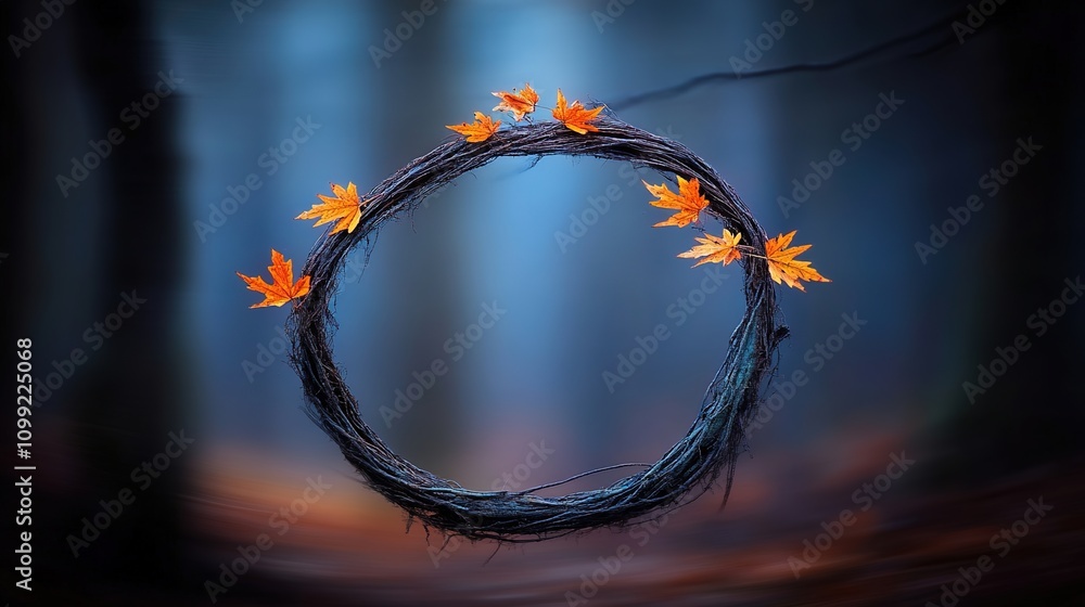 Poster enchanting forest scene with a circular frame of twigs and bright orange leaves in a mystical autumn