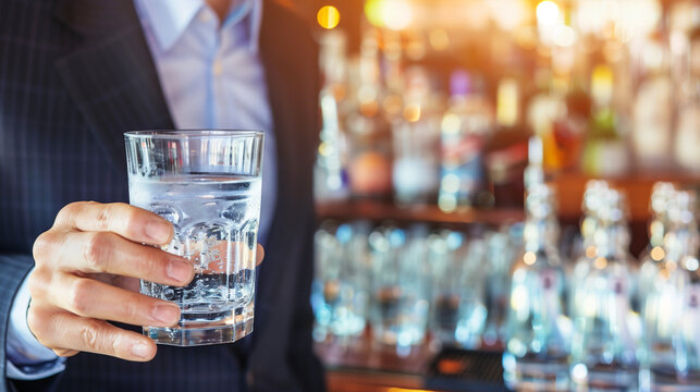 A Man in a Suit Holding a Glass of Water in a Dimly Lit Bar, Emphasizing Sobriety with a Blurred Background of Empty Alcohol Bottles, Highlighting Alcohol Safety.