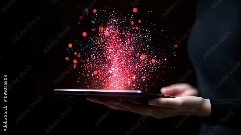 Poster digital transformation with vibrant particles arising from a tablet in a dark setting, symbolizing i