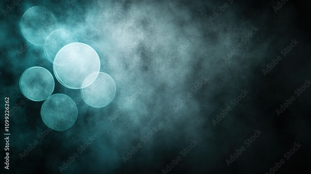 Poster ethereal blue and green haze with circular bokeh effects creating a dreamy atmosphere suitable for b